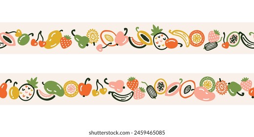 Set of two Horizontal Seamless Borders Fruit Patterns. Colorful Mix of doodle Tropical Fruits. Handmade. Hand drawing. Not AI. Vector illustration