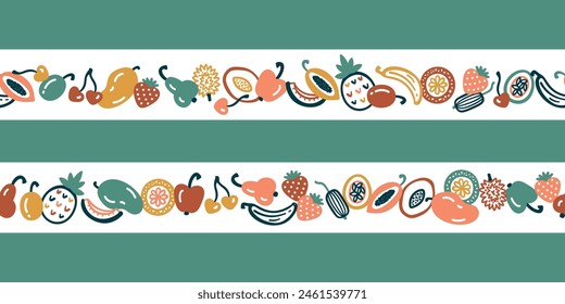 Set of two Horizontal Seamless Borders Fruit Patterns. Colorful Mix of doodle Tropical Fruits. Handmade. Hand drawing. Not AI. Vector illustration.