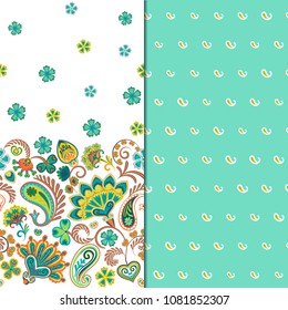 Set of two horizontal seamless floral pattern with paisley and fantasy flowers border. Hand drawn texture for clothes, bedclothes, fabric of the dress etc. Blue