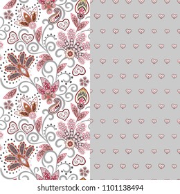 Set of two horizontal seamless floral pattern with paisley and fantasy flowers border. Hand drawn texture for clothes, bedclothes, fabric of the dress etc. Pink gray