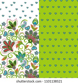 Set of two horizontal seamless floral pattern with paisley and fantasy flowers border. Hand drawn texture for clothes, bedclothes, fabric of the dress etc. Green