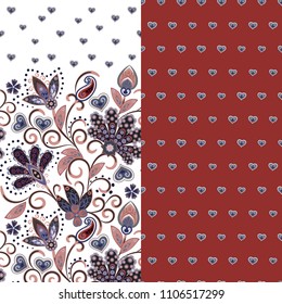 Set of two horizontal seamless floral pattern with paisley and fantasy flowers border. Hand drawn texture for clothes, bedclothes, fabric of the dress etc. Blue and red
