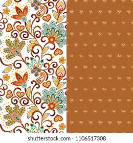 Set of two horizontal seamless floral pattern with paisley and fantasy flowers border. Hand drawn texture for clothes, bedclothes, fabric of the dress etc. Brown