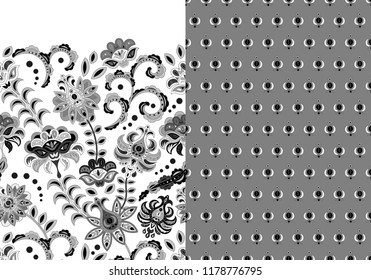 Set of two horizontal seamless floral pattern with paisley and fantasy flowers border. Hand drawn texture for clothes, bedclothes, fabric of the dress etc. Black and white
