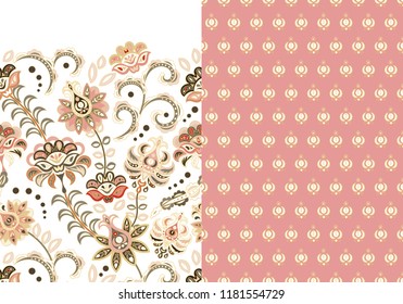 Set of two horizontal seamless floral pattern with paisley and fantasy flowers border. Hand drawn texture for clothes, bedclothes, fabric of the dress etc. Beige pink.