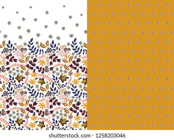 Set of two horizontal seamless floral pattern with paisley and fantasy flowers border. Hand drawn texture for clothes, bedclothes, fabric of the dress etc. Yellow
