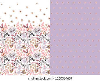 Set of two horizontal seamless floral pattern with paisley and fantasy flowers border. Hand drawn texture for clothes, bedclothes, fabric of the dress etc. Lilac