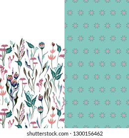 Set of two horizontal seamless floral pattern with paisley and fantasy flowers border. Hand drawn texture for clothes, bedclothes, fabric of the dress etc. Blue