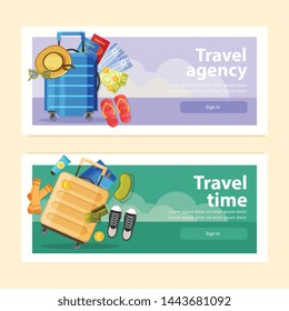 Set of two horizontal suitcase banners with sign in buttons text and flat tourists belongings images vector illustration