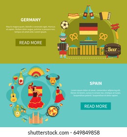 Set of two horizontal travel banners with flat image compositions of german and spanish national characters vector illustration