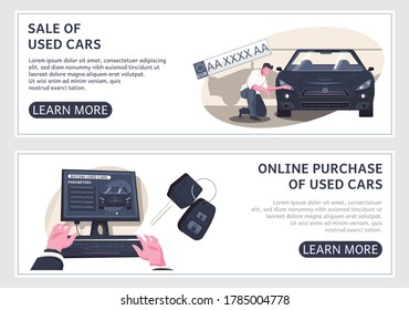 Set of two horizontal used car banners with editable text learn more buttons and flat images vector illustration