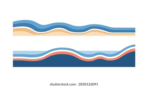 Set of two horizontal wavy border designs featuring layered fluid shapes in blue, sand, coral, and navy tones, representing tides or landscape contours on a white background.