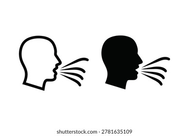 A set of two human head profile icons representing coughing, sneezing, or speaking, featuring both solid black and outline vector styles on a white background.