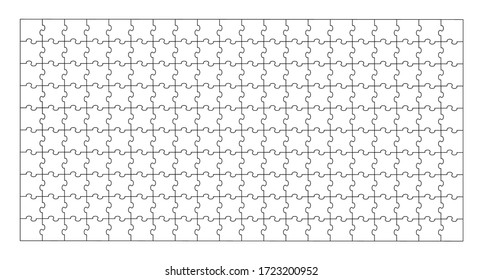 Set of two hundred puzzle pieces. Puzzle with different types of details and the ability to move each part. Black and white vector illustration isolated on white background.