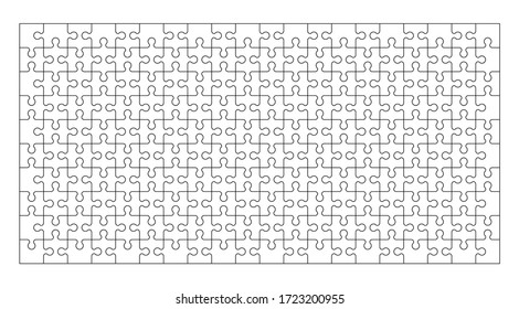 Set of two hundred puzzle pieces. Puzzle with different types of details and the ability to move each part. Black and white vector illustration isolated on white background.