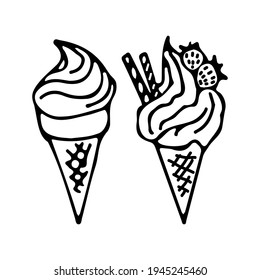 A set of two ice cream cones, one decorated with strawberries. Vector outline hand drawn illustration in doodle style.