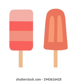 A set of two ice creams in a minimalist style on sticks. Isolated over white background. Summer delicious food collection. Simple modern design. Vector color illustrations.