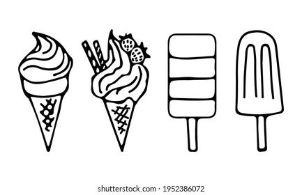 A set of two ice creams in waffle cones. And two popsicles on a stick. Drawn in doodle style with contour on a white background. Vector illustration.