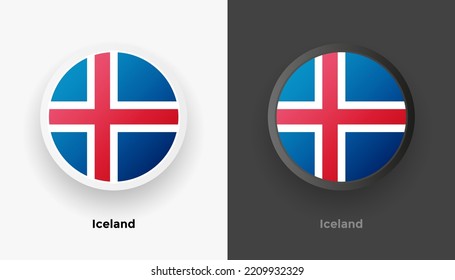 Conjunto de dos botones islandeses con fondo en blanco y negro. Resumen de botones brillantes redondeados metálicos con bandera nacional