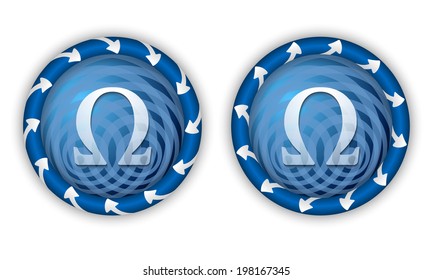 set two icons with arrows and transparent omega symbol