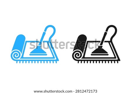 A set of two icons in blue and black showing a vacuum cleaner nozzle cleaning a rolled carpet for professional maintenance services