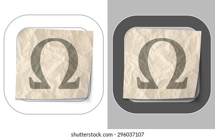 set of two icons and crumpled paper with omega symbol