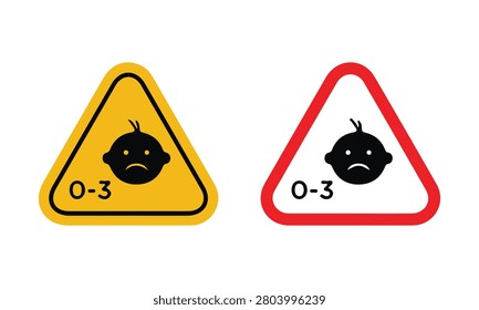 Set of two icons depicting a warning symbol for children aged 0-3 years, featuring a sad baby face on a yellow and red triangle sign, indicating potential danger or unsuitability.