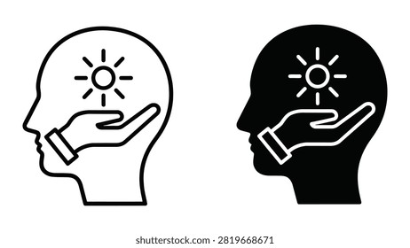 A set of two icons featuring a human head profile with a sun symbol held in an open hand, representing mental health.