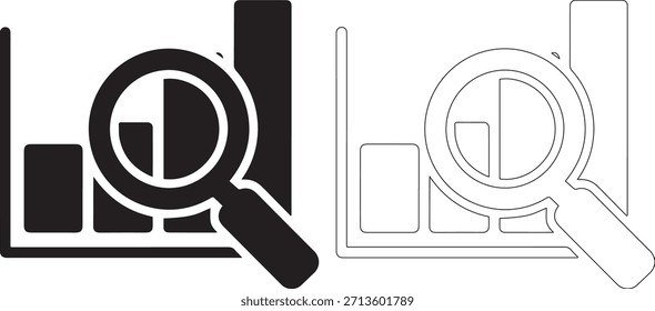 A set of two icons featuring magnifying glasses on graphs and charts in black and white colors, presented in a clean and minimalist style, ideal for analytics and data visualization concepts.