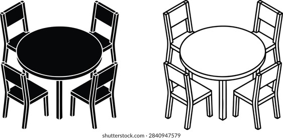 A set of two icons featuring a round dining table with four chairs, presented in both solid black and outlined styles.