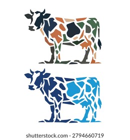 A set of two icons featuring the silhouette of a cow styled with a mosaic or stained glass pattern, representing concepts of artistic agriculture, livestock, farming, and unique animal design.