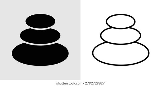 A set of two icons featuring a stack of three smooth, oval-shaped zen stones, one solid black and one outlined, representing balance and relaxation.