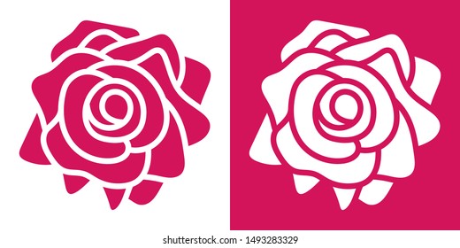 Set of two icons flooded with color, rose flower top view. In red and white variations.