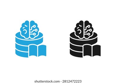 A set of two icons representing artificial intelligence and machine learning featuring a digital brain on top of a database server with an open book symbol