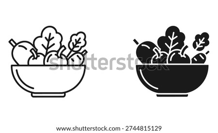 A set of two icons representing a bowl of fresh vegetables and greens, suitable for healthy eating, nutrition, and organic food themes. Available in line art and solid fill.