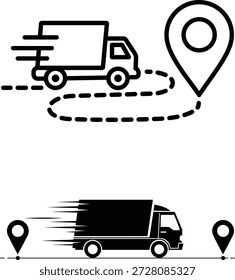Um conjunto de dois ícones que representam serviços de entrega. O ícone superior mostra um caminhão em movimento com uma rota tracejada levando a um pino de localização. O ícone inferior mostra um caminhão em movimento, preto sólido 
