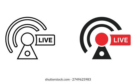Set of two icons representing live streaming and broadcast. One is a clean black line art icon with a white 'LIVE' label. The other is a solid fill icon with a red circle, black broadcast waves, and a red 'LIVE' banner.