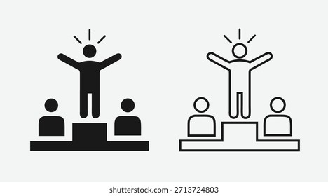 Satz von zwei Ikonen, die eine Person darstellen, die auf einem Siegerpodium steht, mit triumphierenden Armen, flankiert von zwei anderen Personen. Umfasst sowohl eine durchgezogene Silhouette als auch eine Umrissversion. Ideal für Konzeption