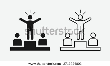 Set of two icons representing a person standing on a winner's podium with arms raised in triumph, flanked by two other people. Includes both a solid silhouette and an outline version. Ideal for concep