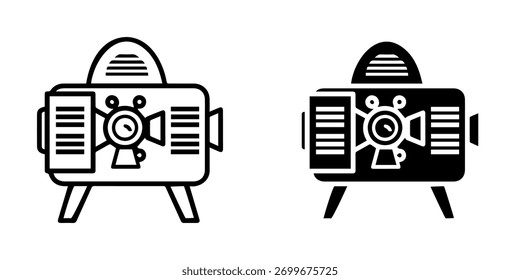 A set of two icons representing a retro movie projector, one in outline and the other in solid black, perfect for vintage cinema or media-related designs.