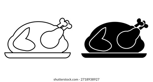 Conjunto de dos iconos que representan un pollo asado en una bandeja, uno en el contorno y uno en la silueta.