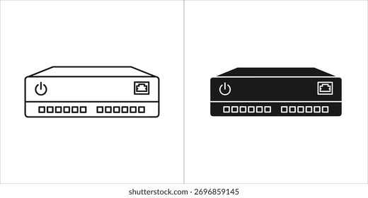 Um conjunto de dois ícones representando um roteador e um modem, apresentados nas versões de contorno e preto sólido em um fundo branco limpo para facilitar a integração em projetos digitais.