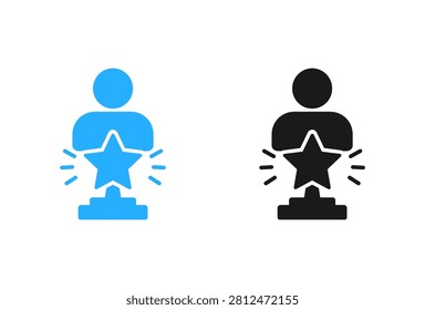 A set of two icons representing a top performer or employee of the month featuring a human silhouette holding a shining star award in blue and black colors
