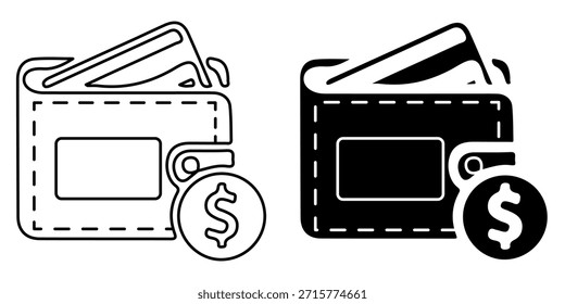 A set of two icons representing a wallet with a credit card and a dollar coin, one in outline and one in solid black.