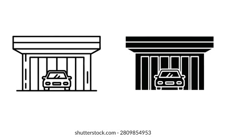 A set of two icons showing a car parked inside a garage building, presented in both line art and solid black styles.