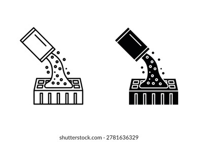 A set of two icons showing a container pouring liquid concrete or cement into a rectangular mold, representing construction, casting, and building processes.