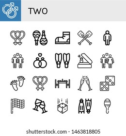 Set of two icons such as Gay, Maracas, Snow boots, Oars, Male, Wedding ring, Flippers, Heterosexual, Footprint, Lesbian, Dinning table, Cheers, Dice, Race flag, Toast , two