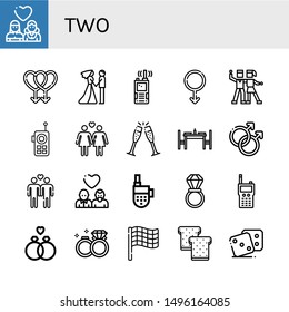 Set of two icons such as Lesbian, Gay, Couple, Walkie talkie, Male, Salsa, Cheers, Dinning table, Wedding ring, Wedding rings, Race flag, Toast, Dice , two