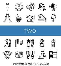Set of two icons such as Maracas, Cheers, Peace, Walkie talkie, Dice, Toast, Wedding ring, Female, Couple, Gay, Race flag, Wedding rings, Flippers, Bunk bed , two
