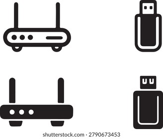 A set of two icons: a wireless router and a USB flash drive, symbolizing internet connectivity, data transfer, and portable storage devices.